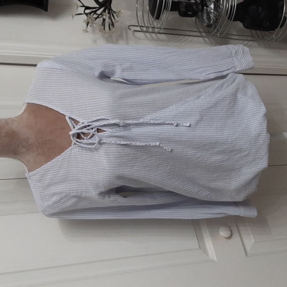 Lucky Brand, Size S, Blue White Striped Lace Front Blouse, Bubble Hem, Hi-Low - Picture 1 of 9